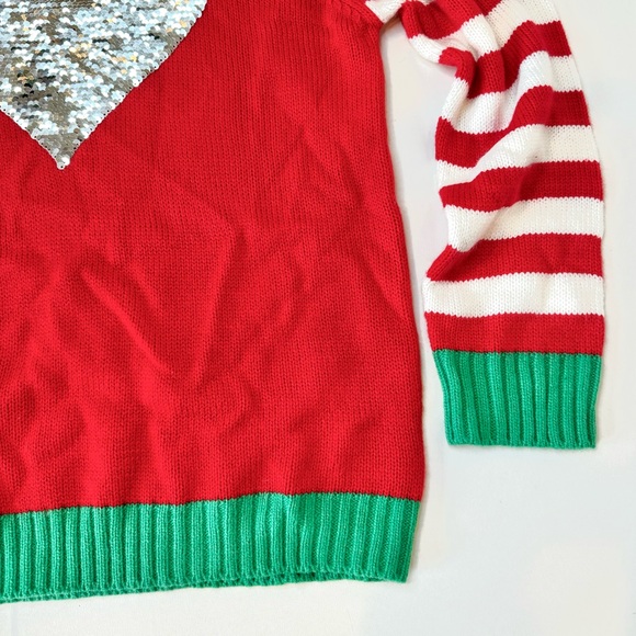 HOLIDAY TIME Christmas Sweater~Flip Sequin Green/Silver Heart~Girls L 10-12 PLUS - Picture 7 of 12